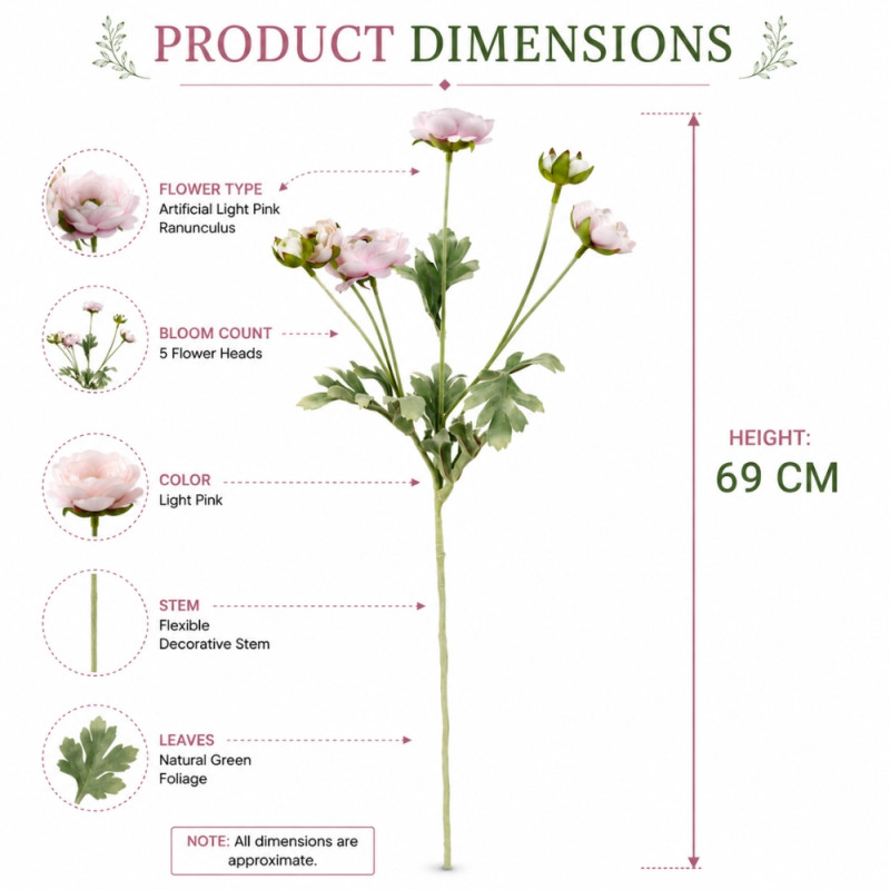 Gentle Grade Artificial Ranunculus Stem Designed for Home Décor &amp; Event Styling – Light Pink (H-69 CM)