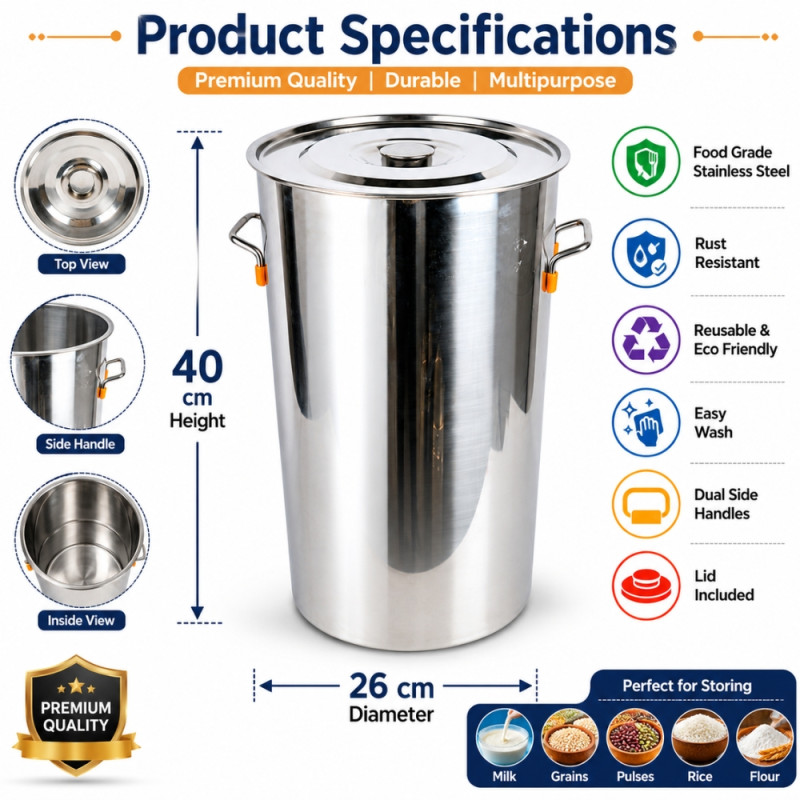 Premium 44 STAINLESS STEEL 40 CM HONEY TANK – Silver Premium Quality (40 x 40cm)