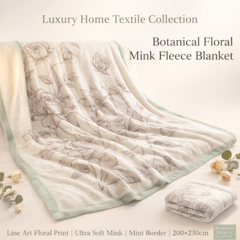 Luxury Botanical Print Mink Fleece Blanket – Ultra-Soft Ivory Throw (230 x 200cm)