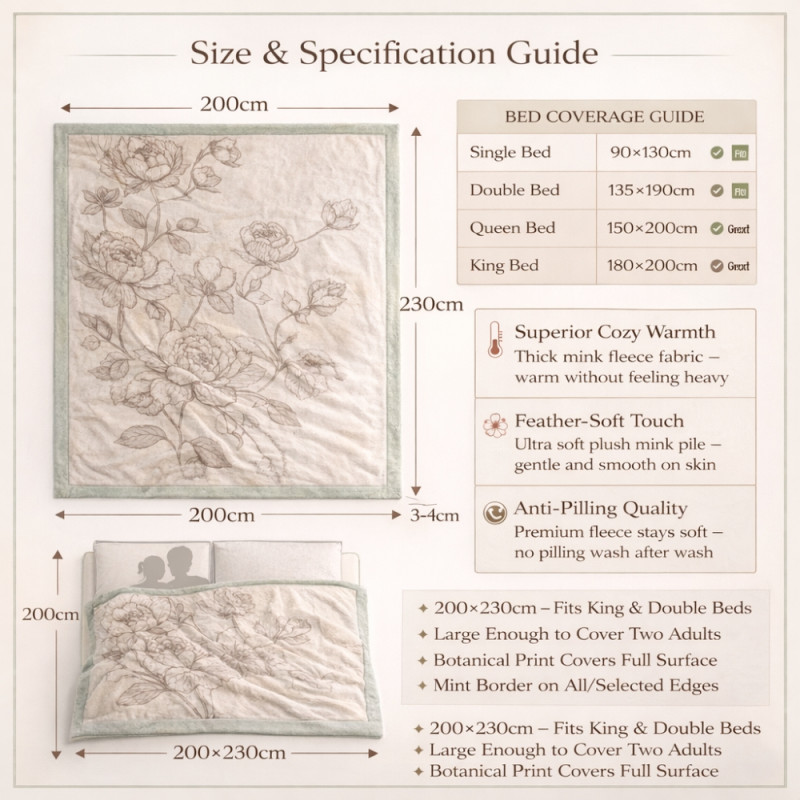 Luxury Botanical Print Mink Fleece Blanket – Ultra-Soft Ivory Throw (230 x 200cm)