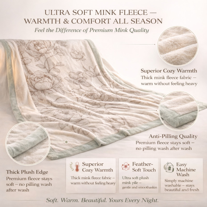 Luxury Botanical Print Mink Fleece Blanket – Ultra-Soft Ivory Throw (230 x 200cm)