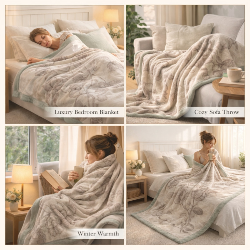 Luxury Botanical Print Mink Fleece Blanket – Ultra-Soft Ivory Throw (230 x 200cm)
