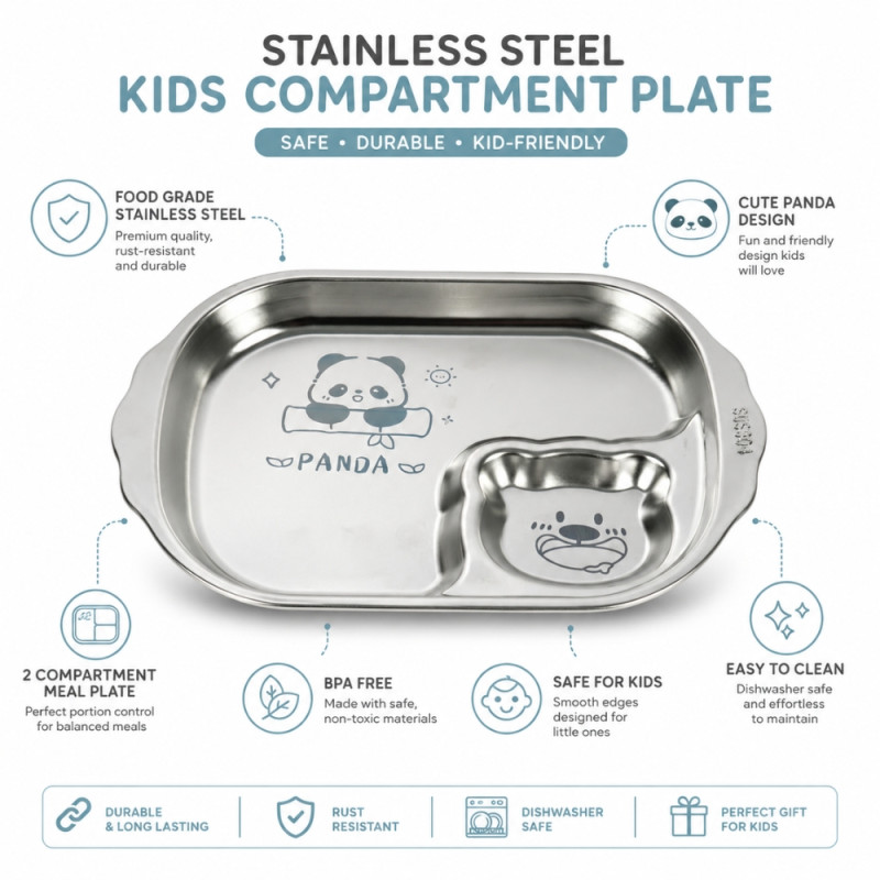 Essential 44 STAINLESS STEEL KIDS SNACK PLATE – Silver Premium Quality (25 x 17cm)