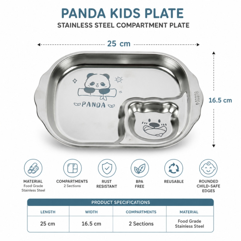 Essential 44 STAINLESS STEEL KIDS SNACK PLATE – Silver Premium Quality (25 x 17cm)
