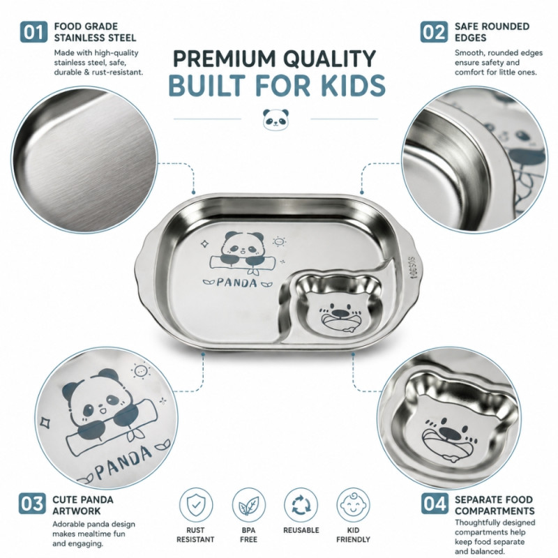 Essential 44 STAINLESS STEEL KIDS SNACK PLATE – Silver Premium Quality (25 x 17cm)