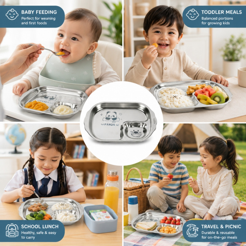 Essential 44 STAINLESS STEEL KIDS SNACK PLATE – Silver Premium Quality (25 x 17cm)