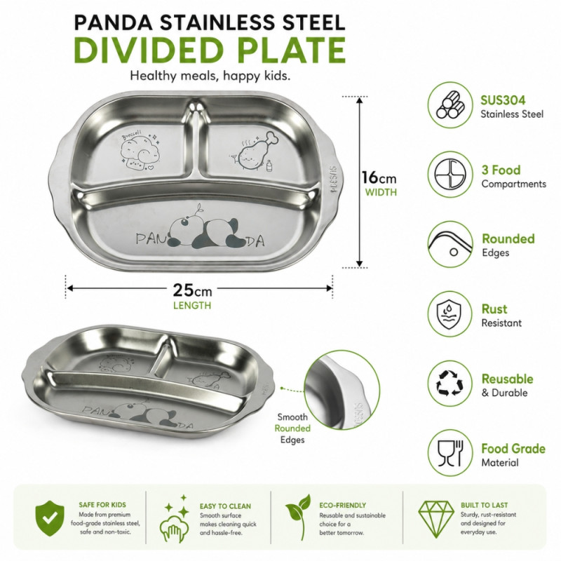 Premium 44 STAINLESS STEEL KIDS DINNER PLATE – Silver Premium Quality (25 x 16 cm)