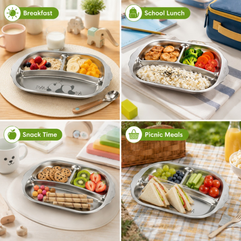 Premium 44 STAINLESS STEEL KIDS DINNER PLATE – Silver Premium Quality (25 x 16 cm)