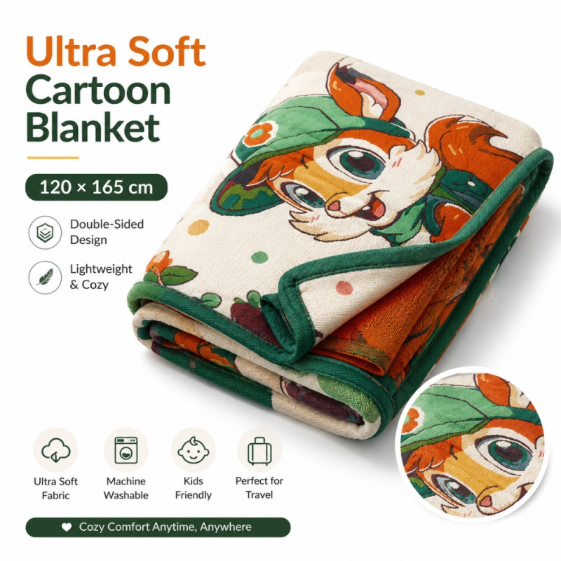 Heritage cartoon woodland animal print throw blanket with a green border and a jacquard-like texture – Off White (120X165 Cm)