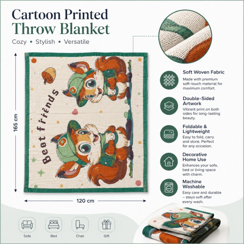 Heritage cartoon woodland animal print throw blanket with a green border and a jacquard-like texture – Off White (120X165 Cm)