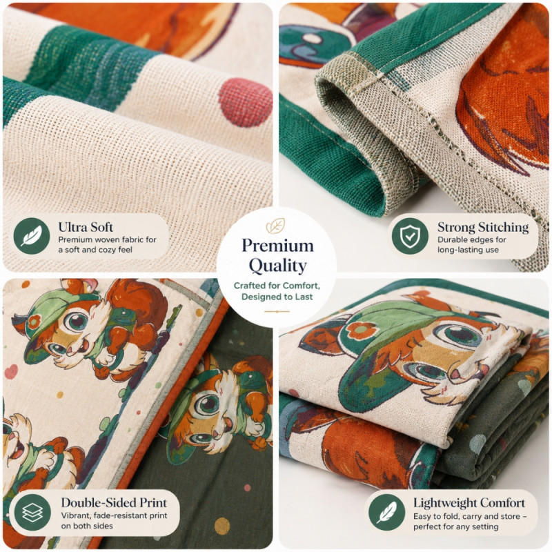 Heritage cartoon woodland animal print throw blanket with a green border and a jacquard-like texture – Off White (120X165 Cm)