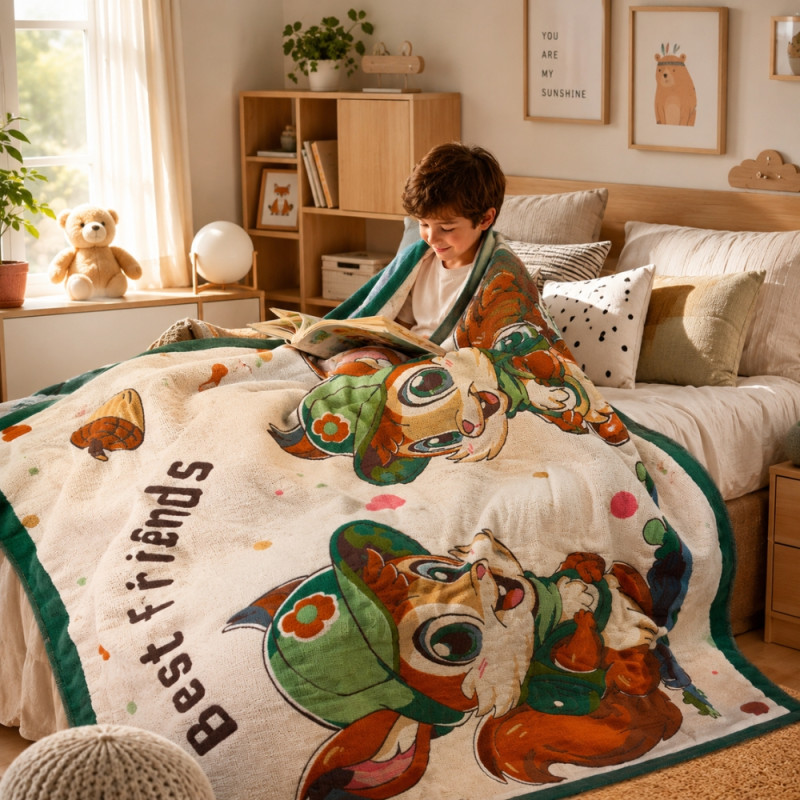Heritage cartoon woodland animal print throw blanket with a green border and a jacquard-like texture – Off White (120X165 Cm)