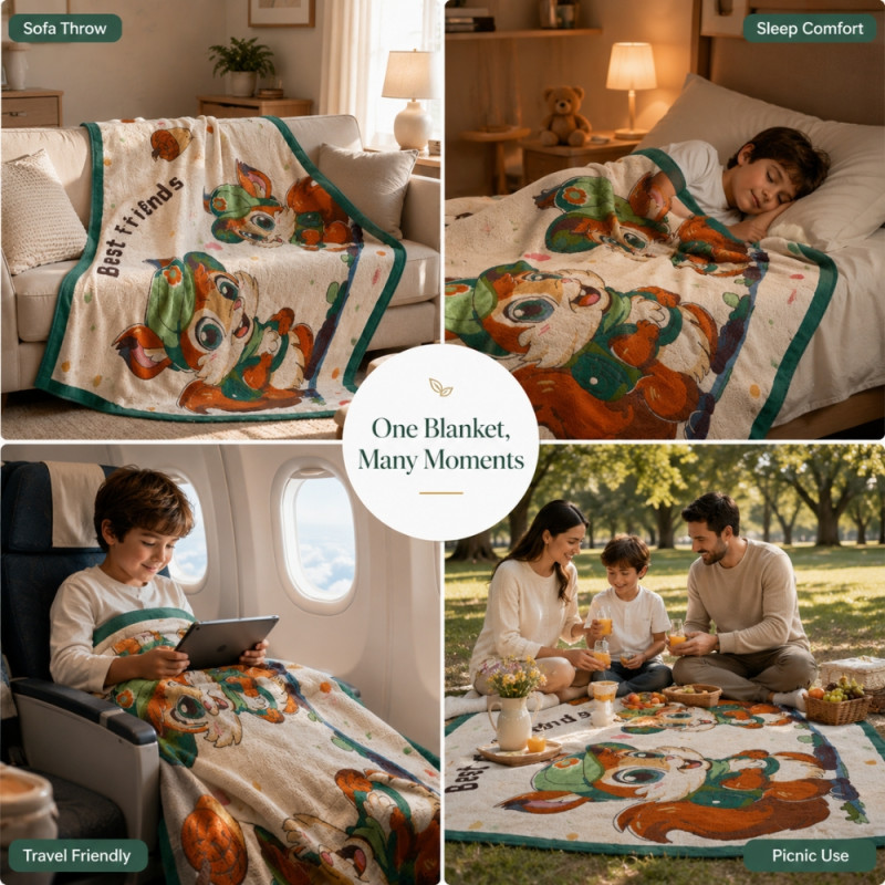 Heritage cartoon woodland animal print throw blanket with a green border and a jacquard-like texture – Off White (120X165 Cm)