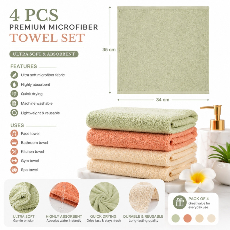 Trustworthy set of four premium microfiber towels featuring highly absorbent and quick-drying coral fleece material – Multi Color (4 PCS)