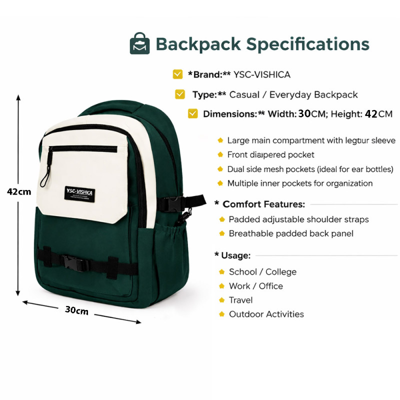 Pro Explorer Outdoor Travel & Camping Backpack – Forest Green & Ivory (42cm)