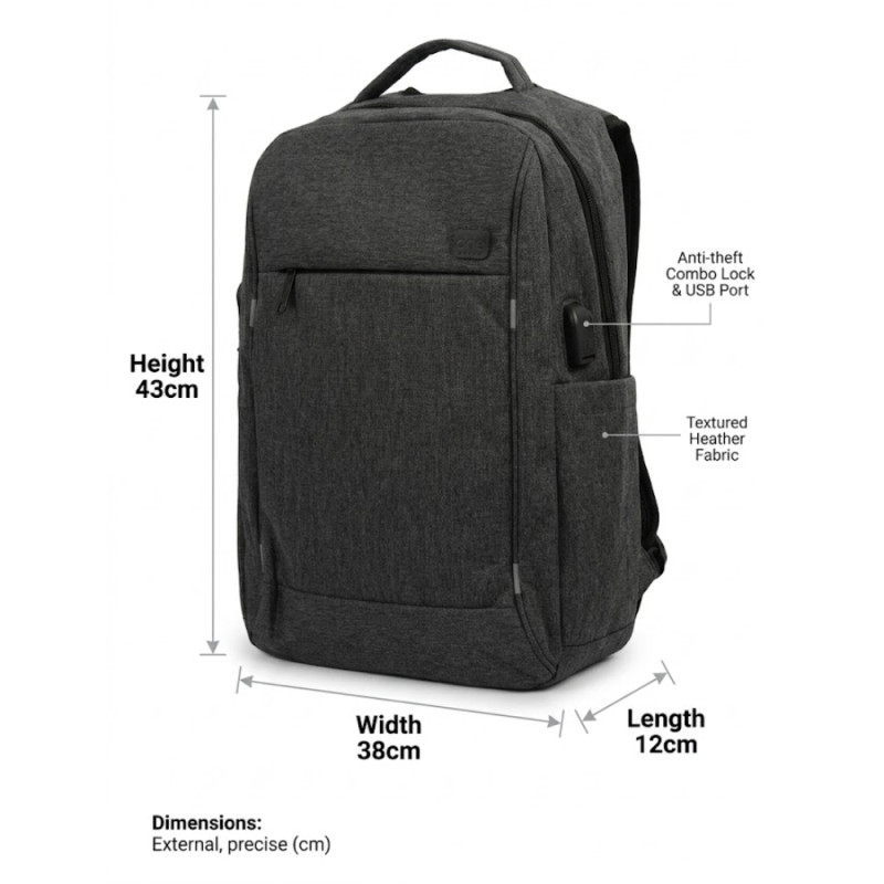 Lenovo B210 Style Anti-Theft Laptop Backpack – Charcoal Grey & USB Charging (43cm)