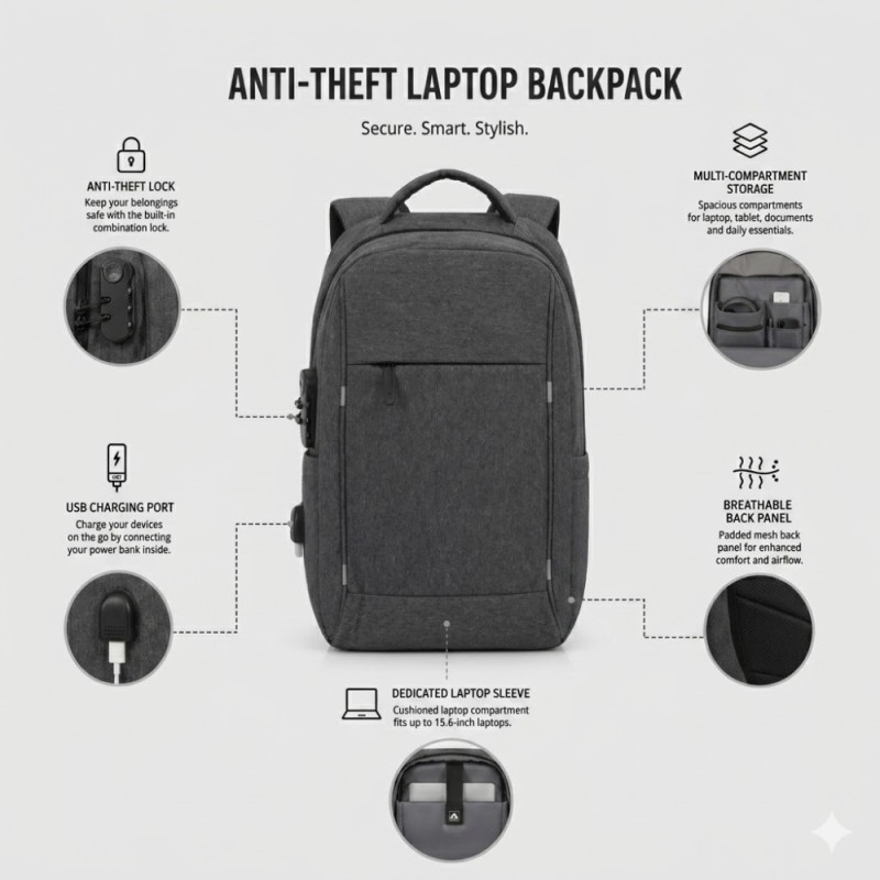 Lenovo B210 Style Anti-Theft Laptop Backpack – Charcoal Grey & USB Charging (43cm)