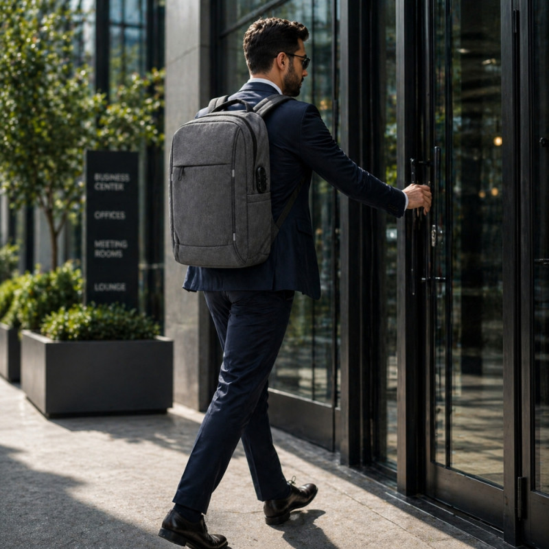 Lenovo B210 Style Anti-Theft Laptop Backpack – Charcoal Grey & USB Charging (43cm)