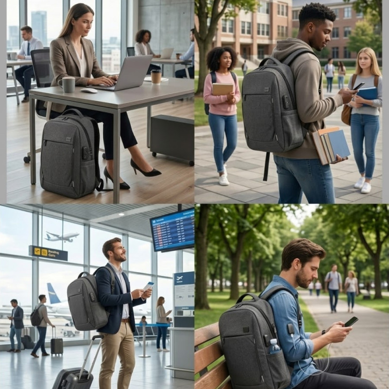 Lenovo B210 Style Anti-Theft Laptop Backpack – Charcoal Grey & USB Charging (43cm)