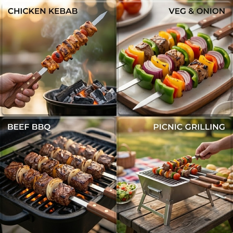 Professional 60cm Stainless Steel Barbecue Skewers – Heavy-Duty Silver Grilling sets