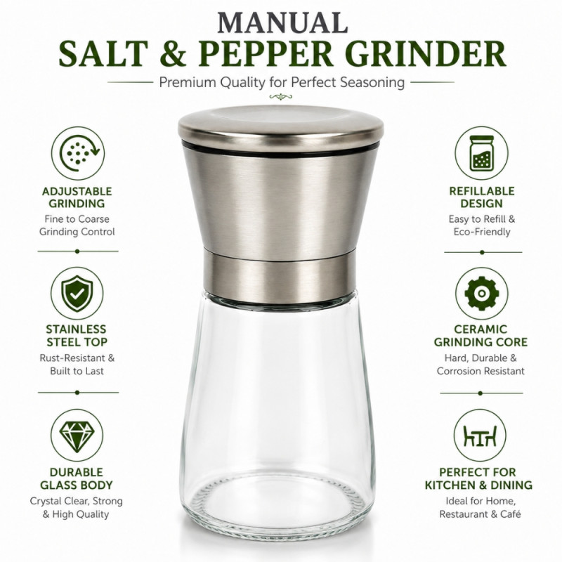 Custom Adjust Hand Grinder Designed for Everyday Cooking & Kitchen Excellence – Silver (H-13, W-6 CM)