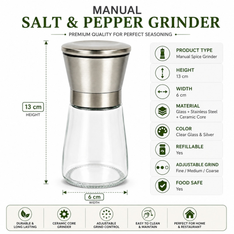 Custom Adjust Hand Grinder Designed for Everyday Cooking & Kitchen Excellence – Silver (H-13, W-6 CM)