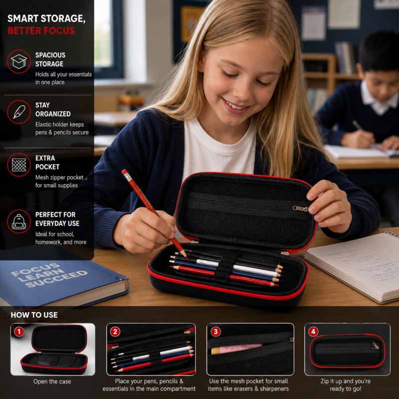 Preferred Hold Pencil Case Designed for Creative Expression &amp; Office Use – Black (H-9.15, W-9.15, L-25.8, D-4.5 CM)