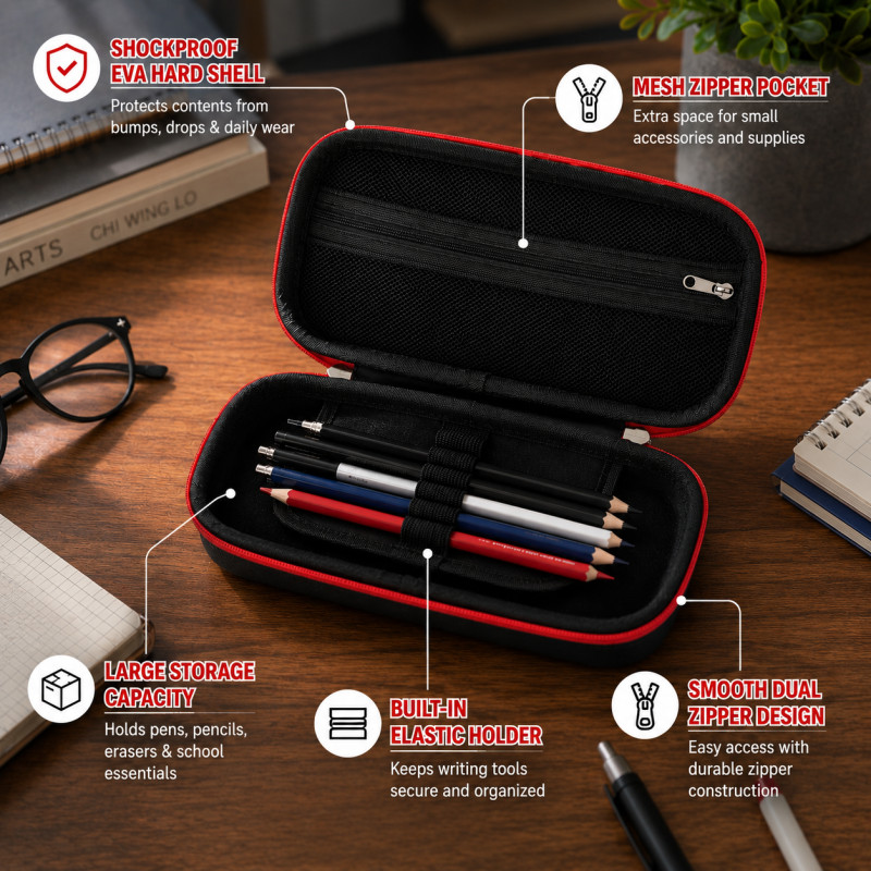 Preferred Hold Pencil Case Designed for Creative Expression &amp; Office Use – Black (H-9.15, W-9.15, L-25.8, D-4.5 CM)