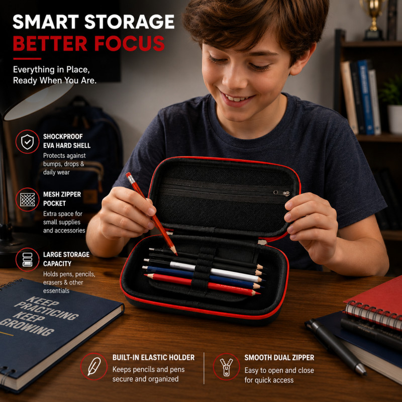 Preferred Hold Pencil Case Designed for Creative Expression &amp; Office Use – Black (H-9.15, W-9.15, L-25.8, D-4.5 CM)