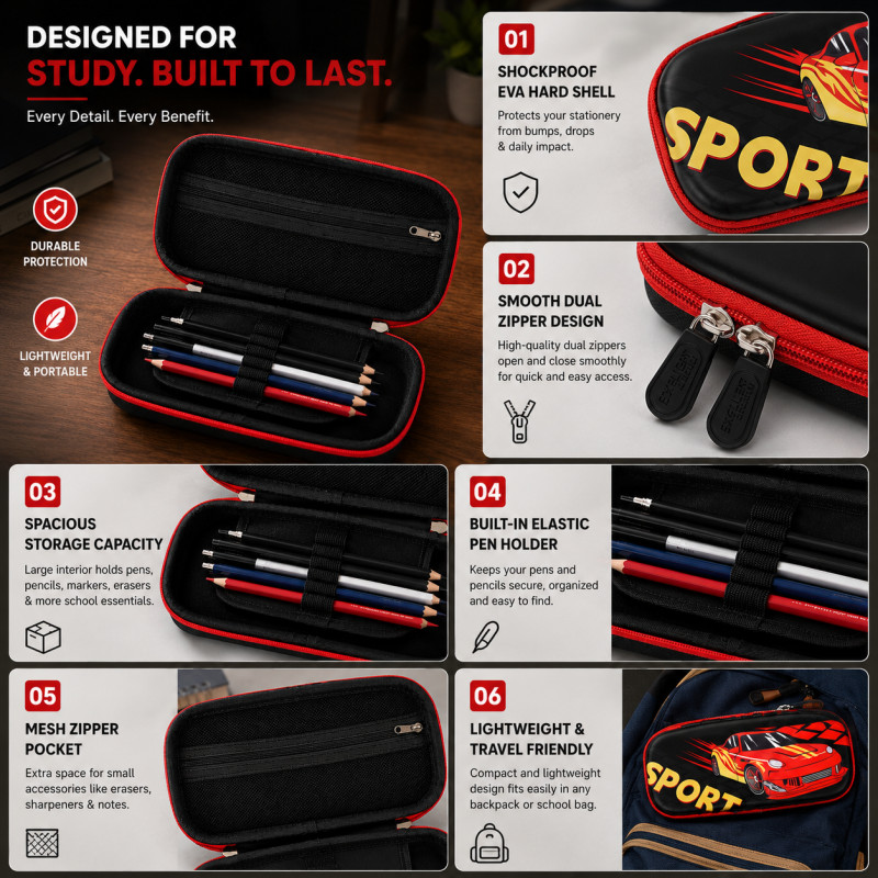 Preferred Hold Pencil Case Designed for Creative Expression &amp; Office Use – Black (H-9.15, W-9.15, L-25.8, D-4.5 CM)