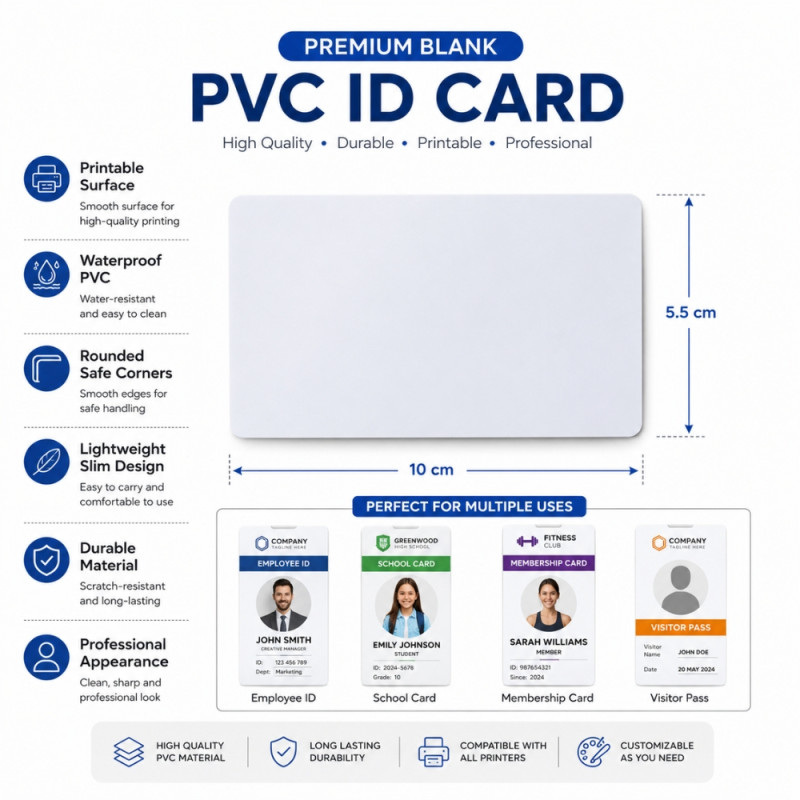 Essential Premium Blank PVC ID Cards for Professional Printing – White (10 x 5.5cm, 20pcs)