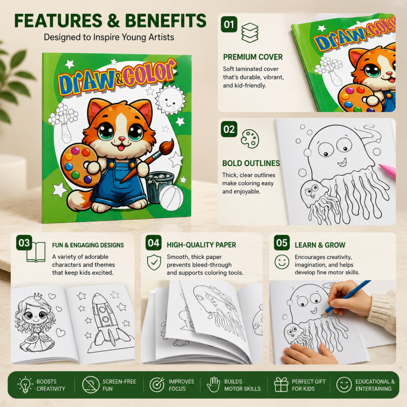 Essential Guard Colouring Book Designed for Creative Expression &amp; Office Use – Green (H-28.5, W-20.5 CM)