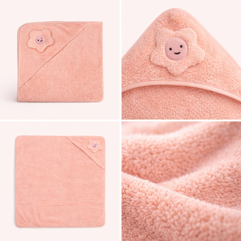 Kids Smiling Flower Hooded Baby Towel – Soft Peach & Pink (82x78cm)