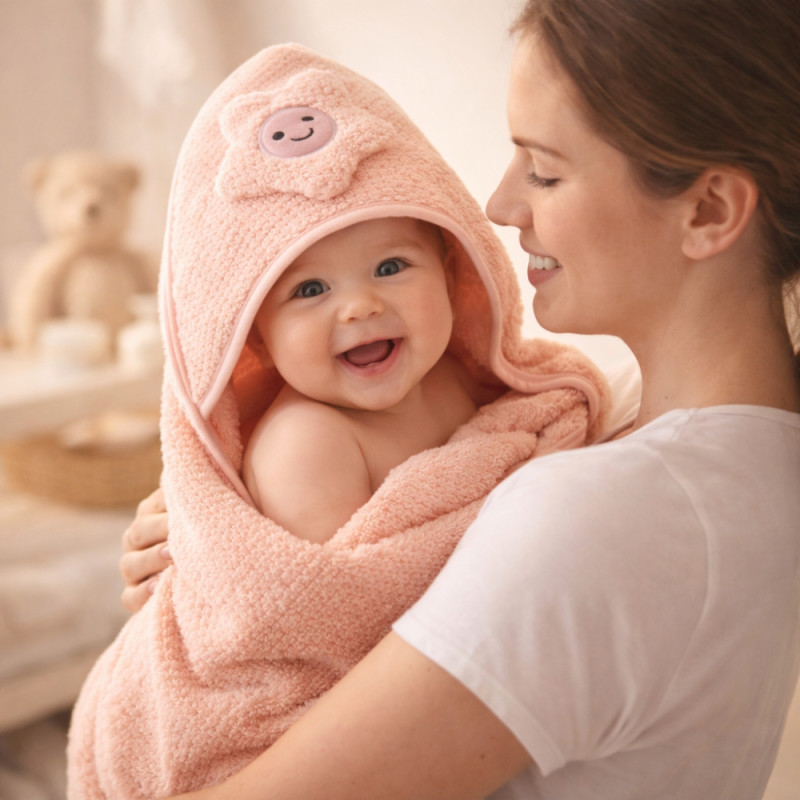 Kids Smiling Flower Hooded Baby Towel – Soft Peach & Pink (82x78cm)