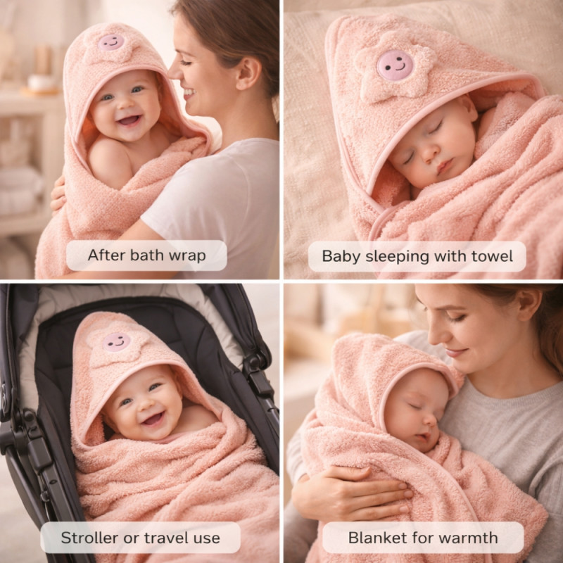 Kids Smiling Flower Hooded Baby Towel – Soft Peach & Pink (82x78cm)