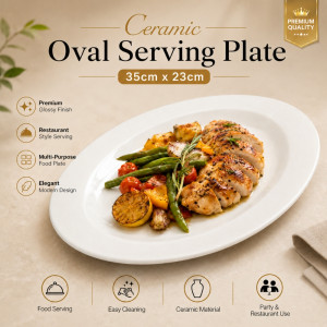 Botanical white ceramic oval serving platter with a glossy finish – White (36 x 24cm)