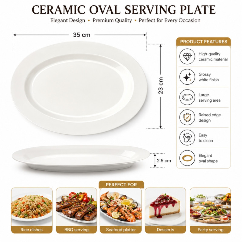 Botanical white ceramic oval serving platter with a glossy finish – White (36 x 24cm)