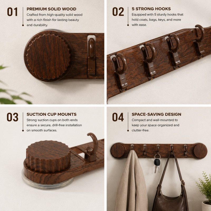 Chestnut Craft Wall-mounted Coat Rack Designed for Smart Storage & Organization – Brown (H-6.5, W-30, L-3.5 CM)