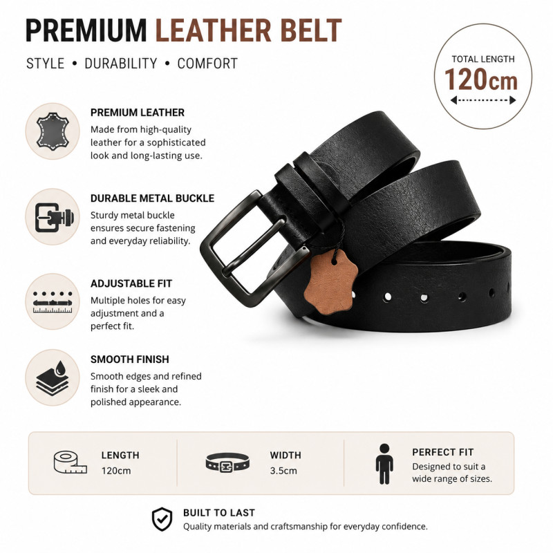 Men's Classic Leather Business & Casual Belt – Sleek Black with Pin Buckle (120cm)