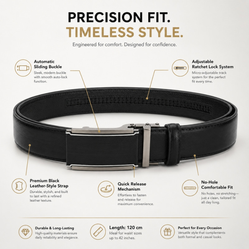 Men's Ratchet Belt with Automatic Sliding Buckle – 120cm – Black