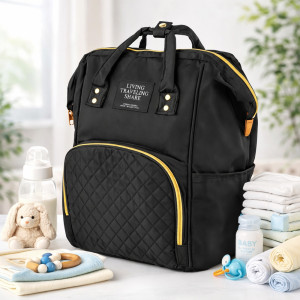 Elegant Quilted Baby Diaper Backpack – Midnight Black & Gold (35cm)
