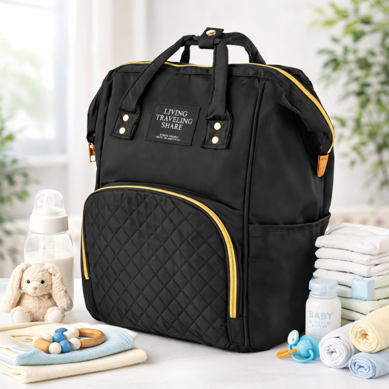 Elegant Quilted Baby Diaper Backpack – Midnight Black & Gold (35cm)