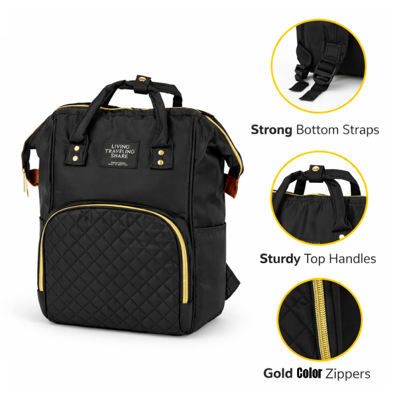 Elegant Quilted Baby Diaper Backpack – Midnight Black & Gold (35cm)