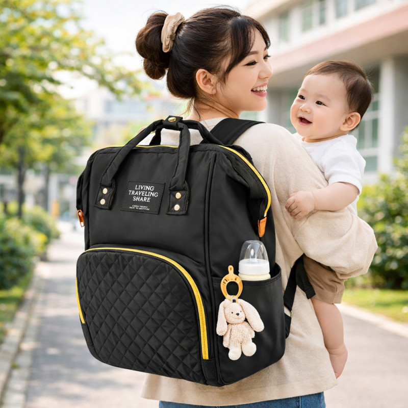 Elegant Quilted Baby Diaper Backpack – Midnight Black & Gold (35cm)