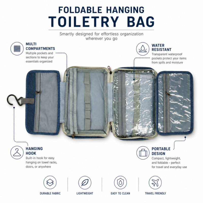Voyager Series Hanging Travel Toiletry Bag – Deep Navy Blue (28cm)