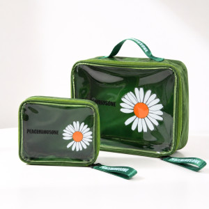 Daisy Patterned Transparent PVC Toiletry Bag Set – Forest Green (30cm)