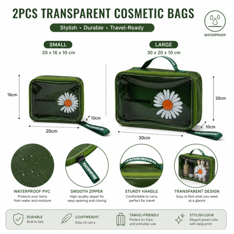 Daisy Patterned Transparent PVC Toiletry Bag Set – Forest Green (30cm)