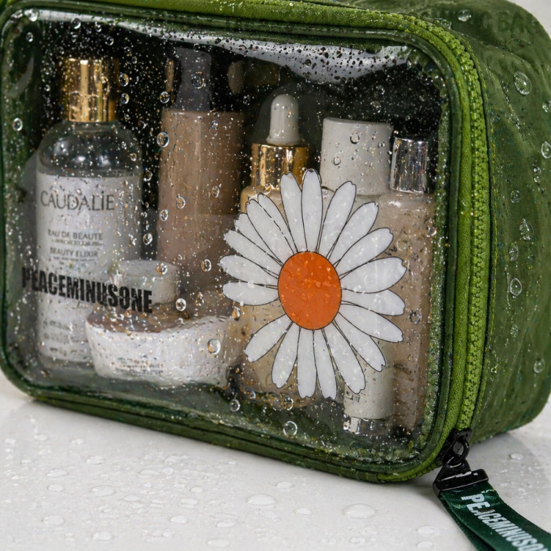 Daisy Patterned Transparent PVC Toiletry Bag Set – Forest Green (30cm)
