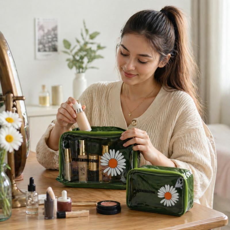 Daisy Patterned Transparent PVC Toiletry Bag Set – Forest Green (30cm)
