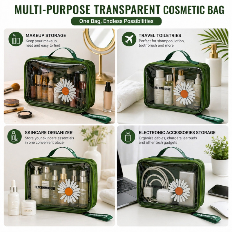 Daisy Patterned Transparent PVC Toiletry Bag Set – Forest Green (30cm)
